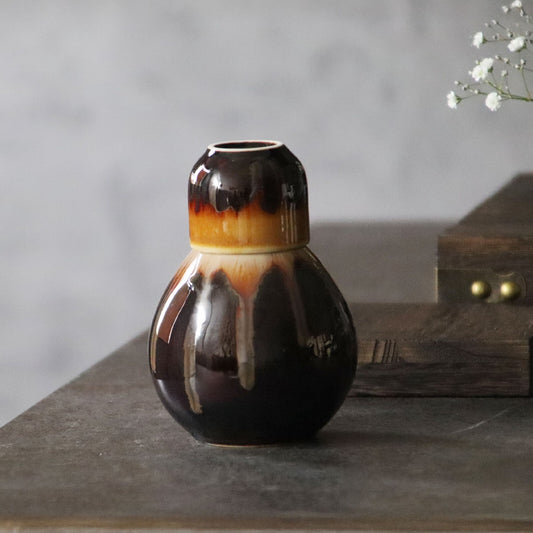 Mino Ware Sake Set — Tokkuri & 2 Ochoko, Amber Drip Glaze