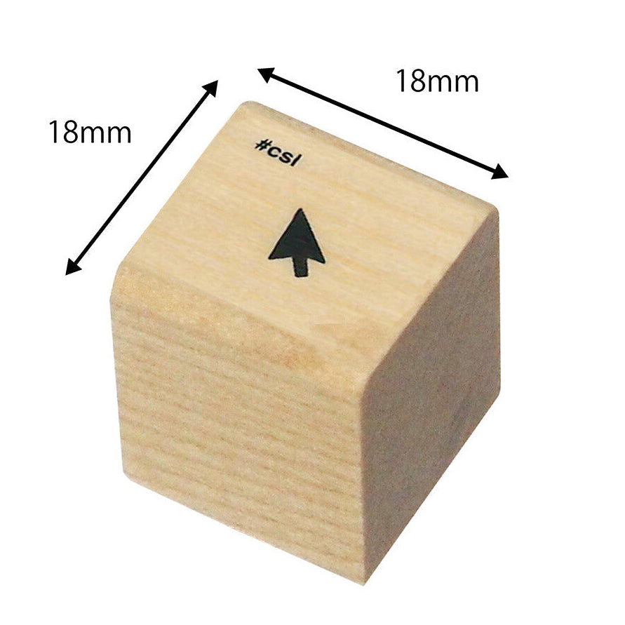 Wooden stamp block depicting a computer mouse pointer with dimensions labeled on a white background