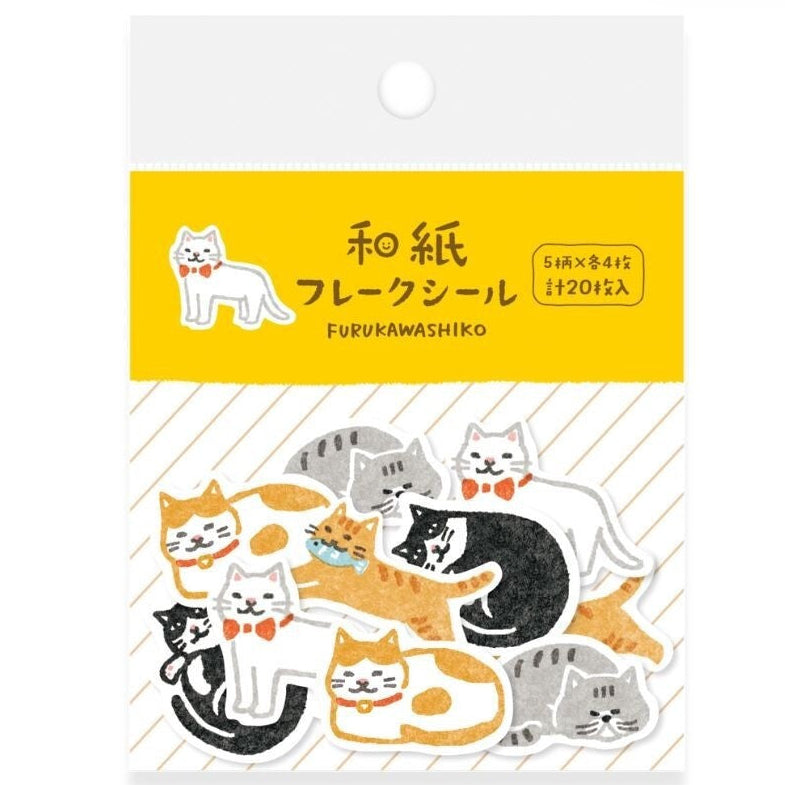 A package of FURUKAWASHIKO cat-themed paper stickers on a white background. The packaging features a yellow header with Japanese text and a white lower section displaying various illustrated cats in black, white, orange, and gray.