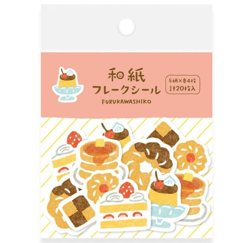 A package of Furukawashiko Japanese paper stickers featuring cute illustrations of desserts like cakes, pastries, and ice cream, shown on a clean white background.