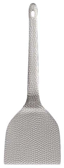 Metallic spatula with textured handle on a white background