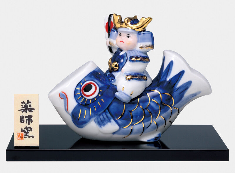 Japanese Samurai on Fish Figurine | Children's Day Porcelain Display Set