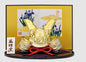 Japanese kabuto helmet in front of traditional artwork.