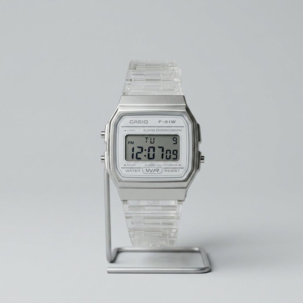 Silver Casio digital watch on a light gray background