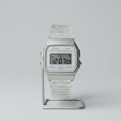 Silver Casio digital watch on a light gray background