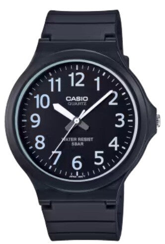 Black Casio watch with a white face on a white background