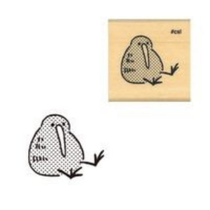 Rubber stamp with a cartoon kiwi design on a white background