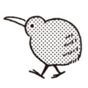 Wooden stamp with a black and white kiwi bird design on a white background