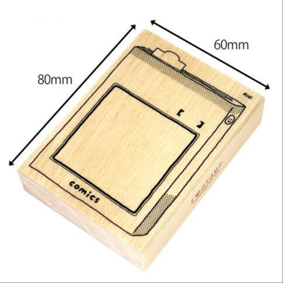 Wooden stamp block of a comic book with dimensions labeled on a white background