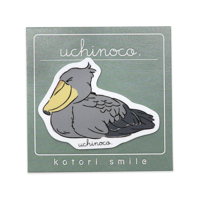 Sticker of a bird with 'uchinoco' branding on a green background