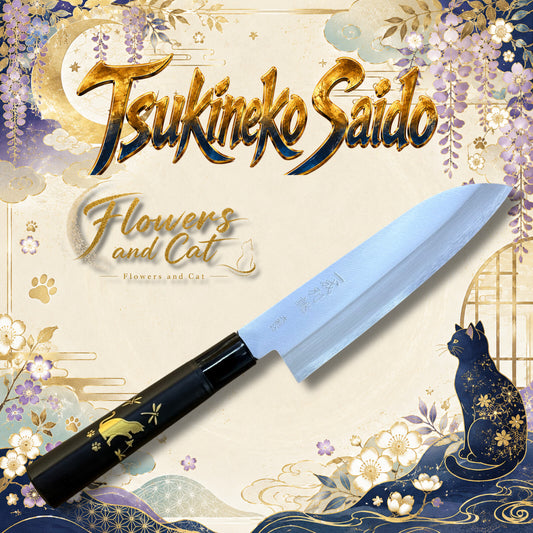 Flowers and Cat Santoku Knife