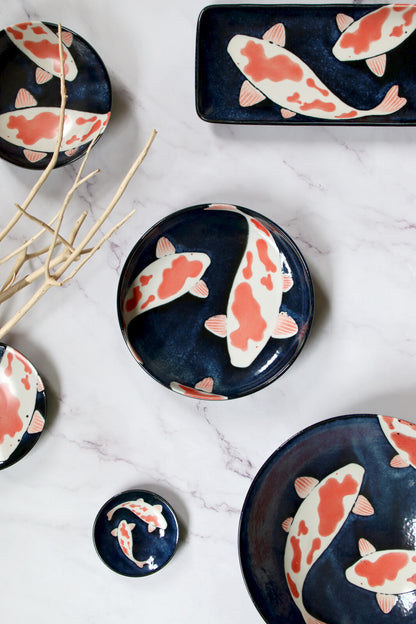 Mino Ware Pasta Bowl, Navy Blue Koi Fish