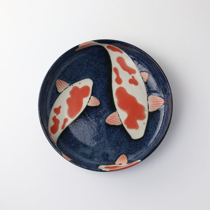 Mino Ware Pasta Bowl, Navy Blue Koi Fish