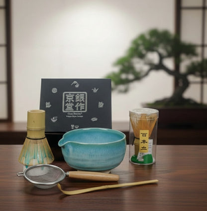 Arita Ware Kataguchi Matcha Bowl Set — 5-Piece, Aqua Jade