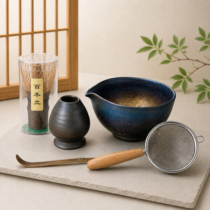 Mino Ware Kataguchi Matcha Bowl Set — 5-Piece (Aiko / Deep Indigo)