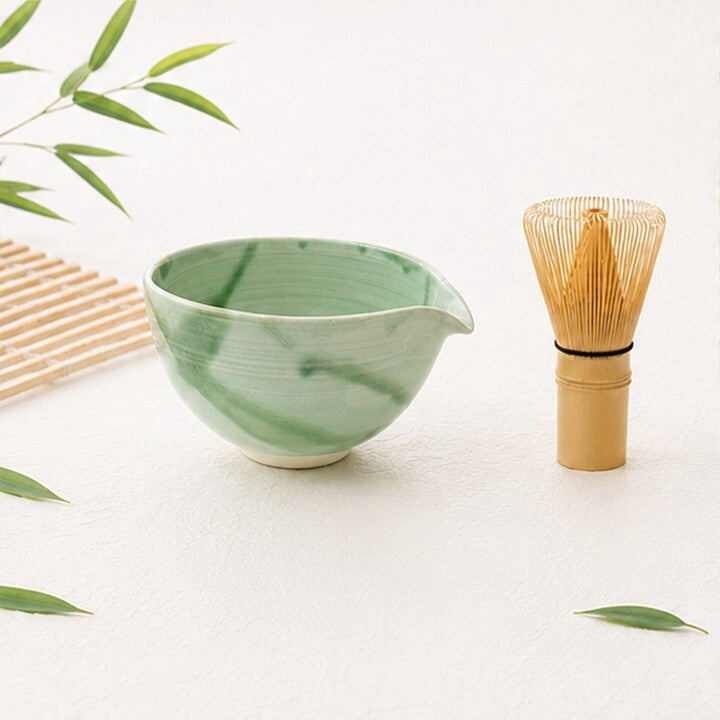 Jade Mino Ware Spouted Matcha Bowl & Bamboo Whisk Set