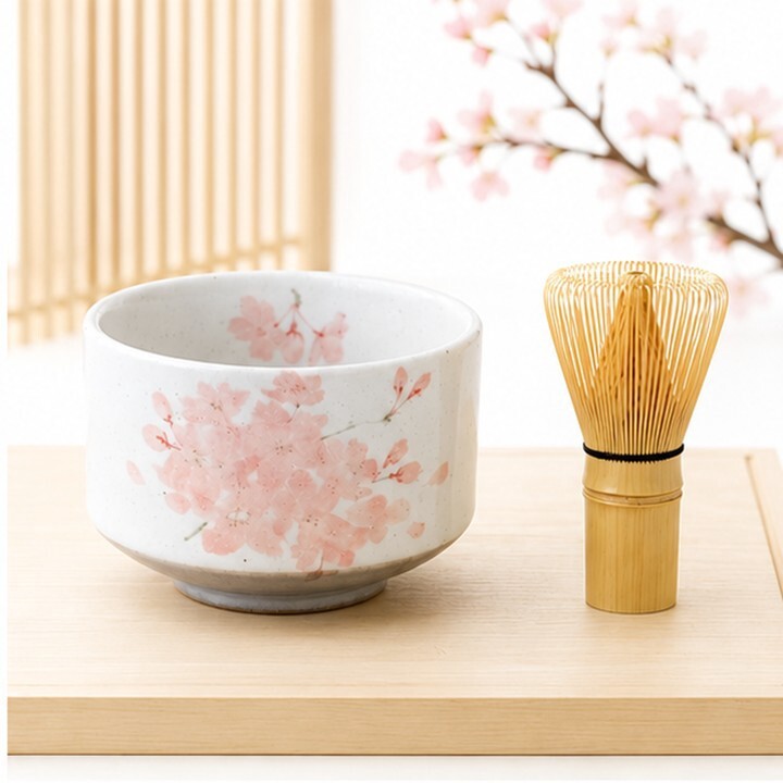 Mino Ware Sakura Matcha Bowl & Chasen Set — Cherry Blossom