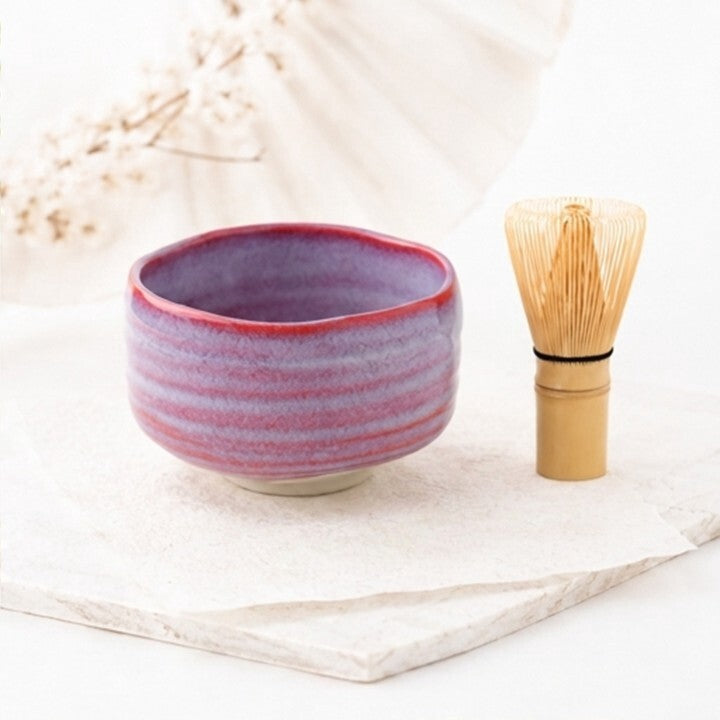 Mino Ware Matcha Bowl & Chasen Set — Wave Glaze, Lavender Pink