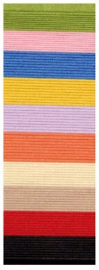 A vertical striped fabric swatch with horizontal bands of green, pink, blue, yellow, lavender, orange, cream, beige, red, and black.
