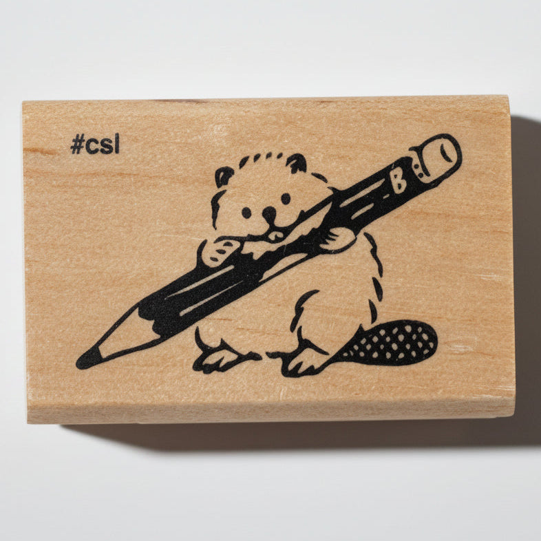Wooden stamp with beaver chewing a pencil.